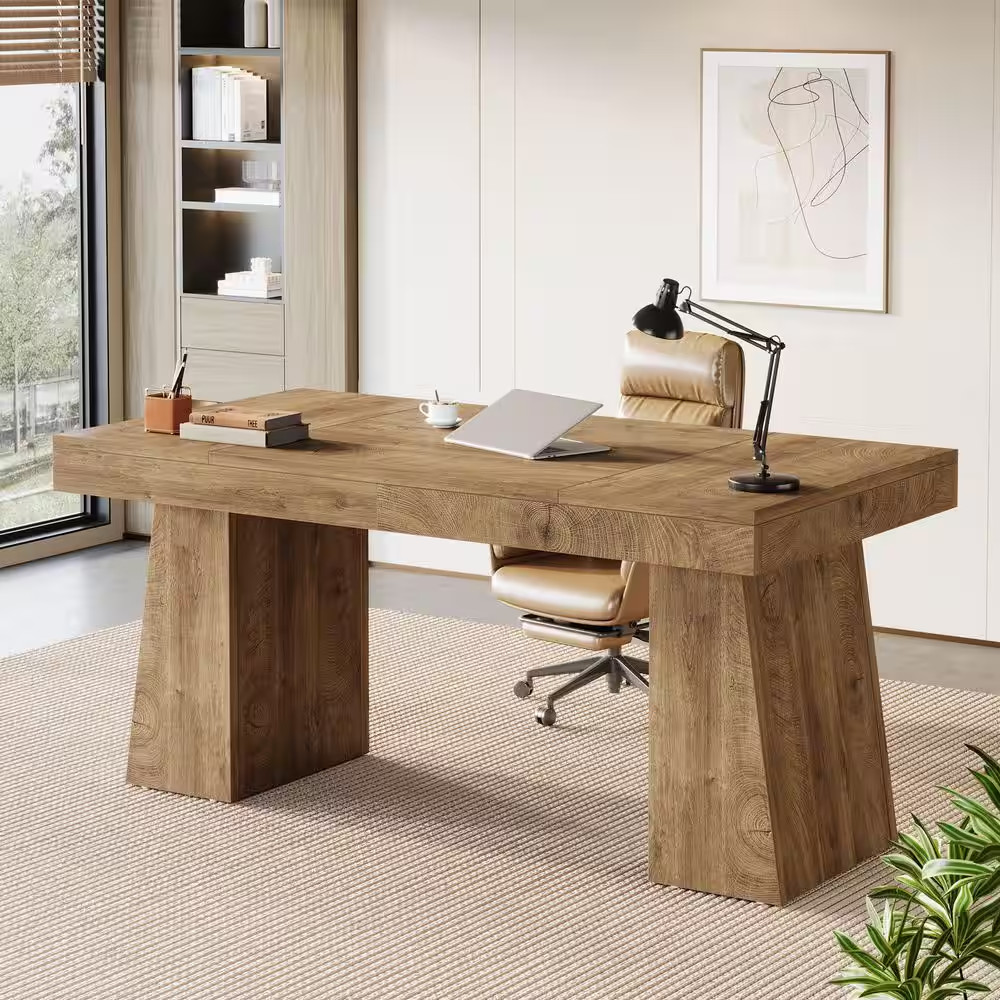 Moronia 55 In. Rectangle Light Brown Engineered Wood Executive Desk with Strong gallery