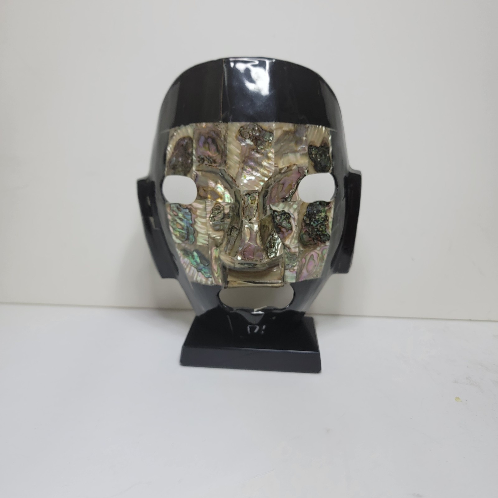MCM Black Obsidian & Abalone Shell Inlay Mask Sculpture on Black Weighted Base gallery