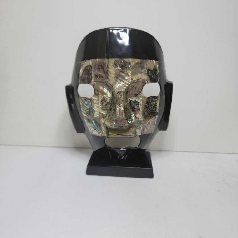 MCM Black Obsidian & Abalone Shell Inlay Mask Sculpture on Black Weighted Base