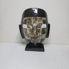 MCM Black Obsidian & Abalone Shell Inlay Mask Sculpture on Black Weighted Base