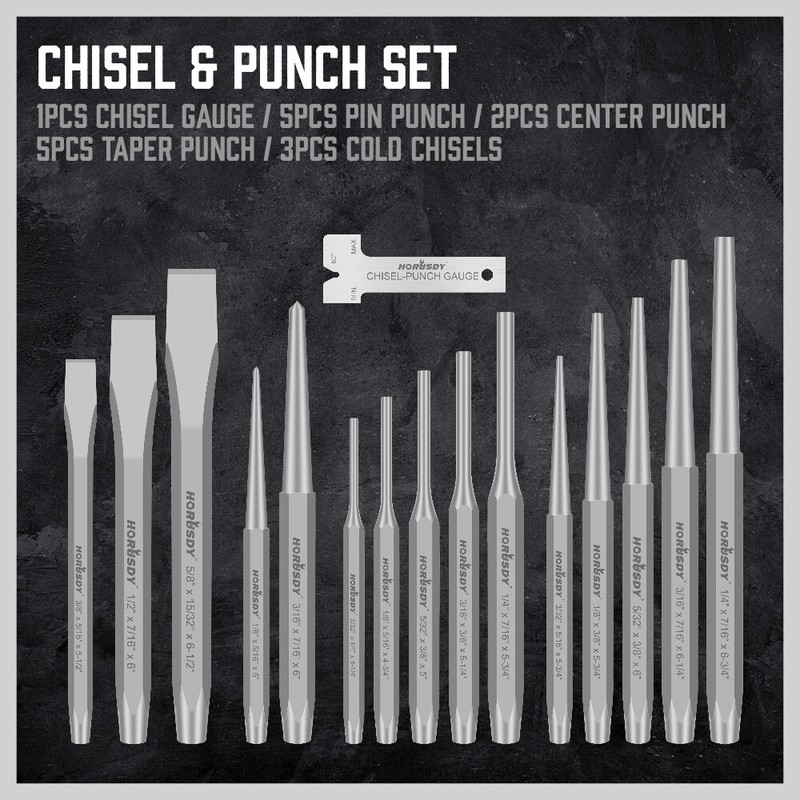 HORUSDY 16PC Punch & Chisel Set Taper Punch Cold Chisels Pin Punch Center Punch gallery