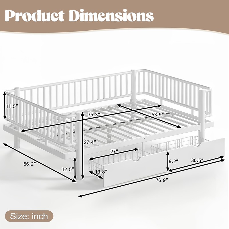 Full Size Metal MDF Platform Bed Frame Daybed Slatted W/ Storage Drawers White gallery