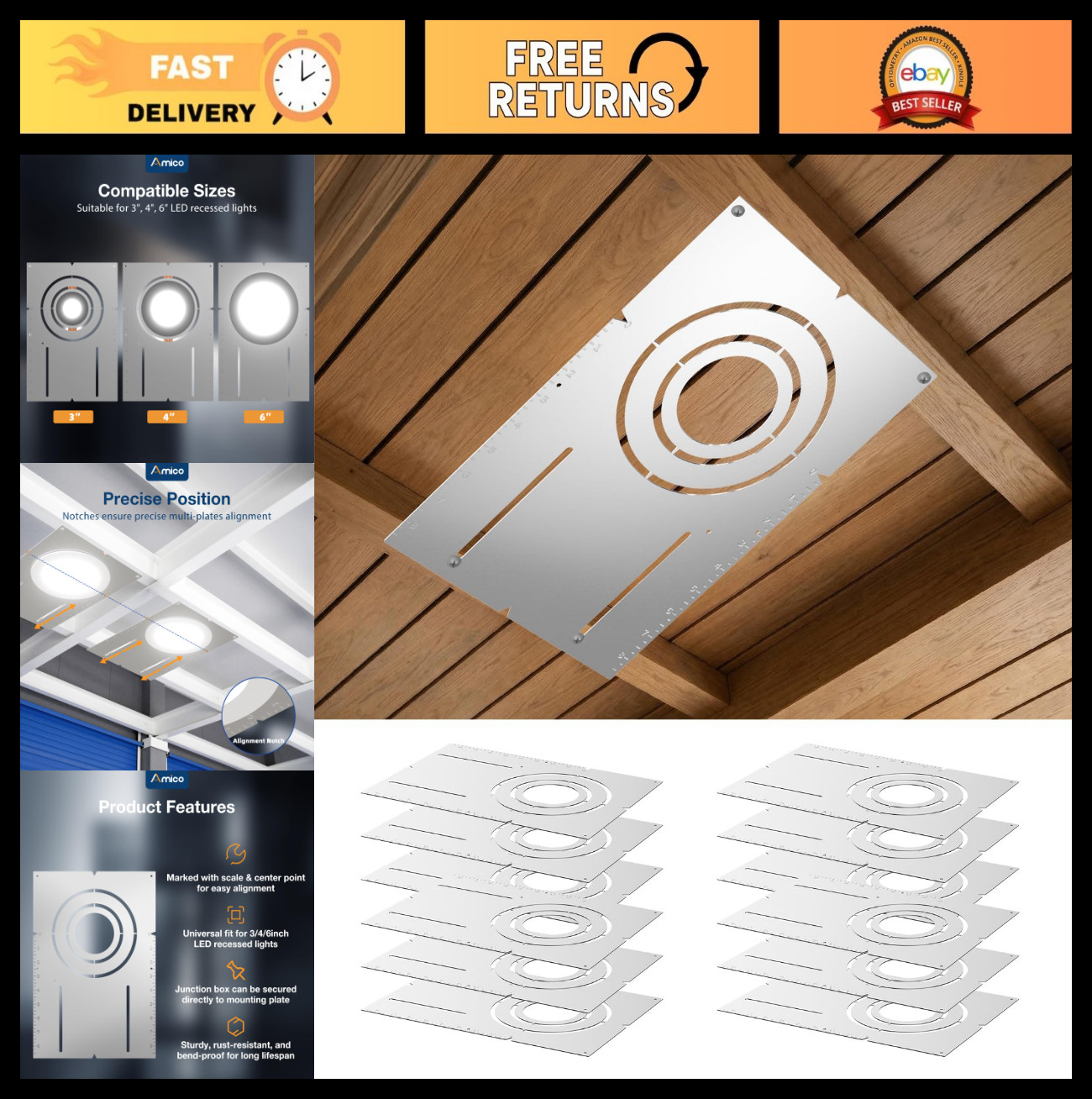 12 Pack 13" Round Mounting Plates for LED Recessed Lighting, Galvanized Steel Br gallery