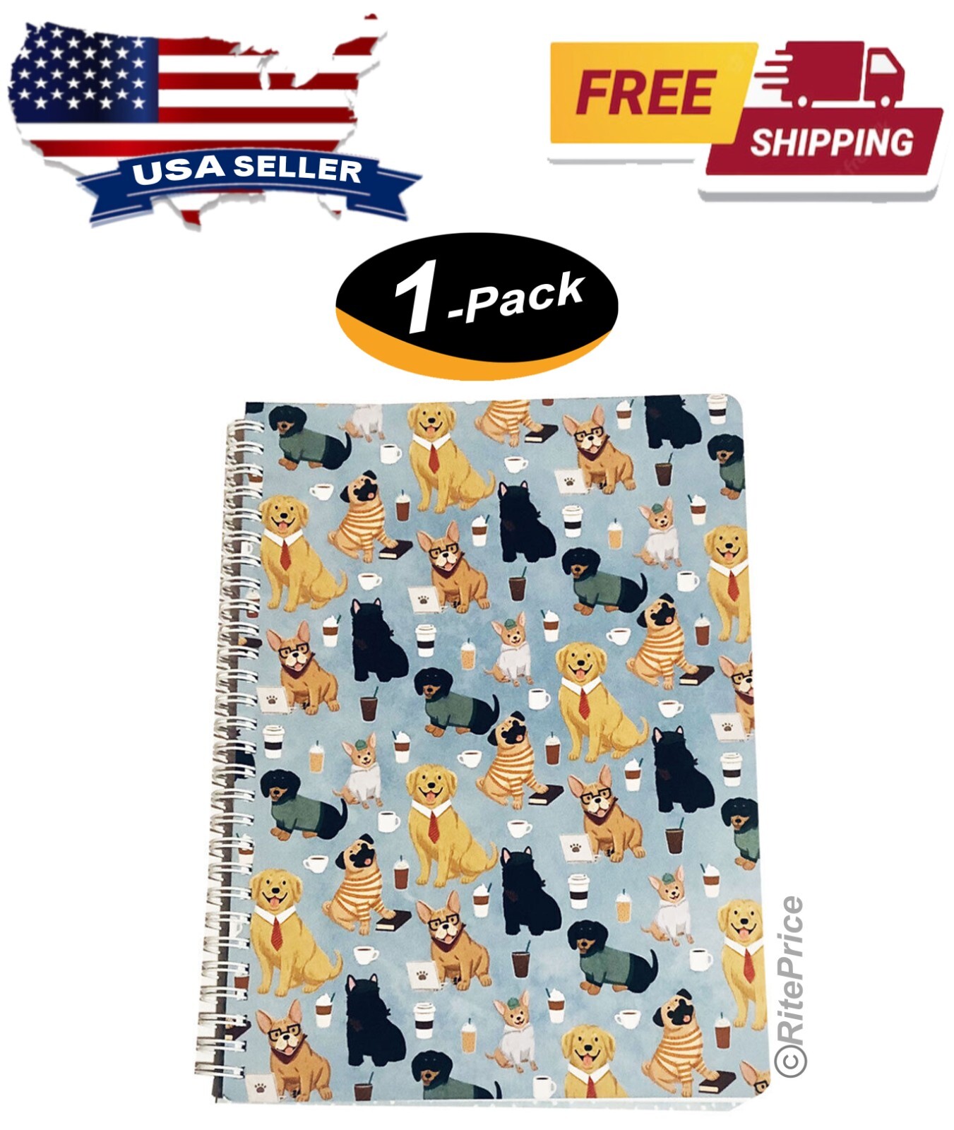 Molly & Rex Spiral Notebook, Dog & Coffee Pattern, Wide Rule w/ Folder (1 Pack) gallery