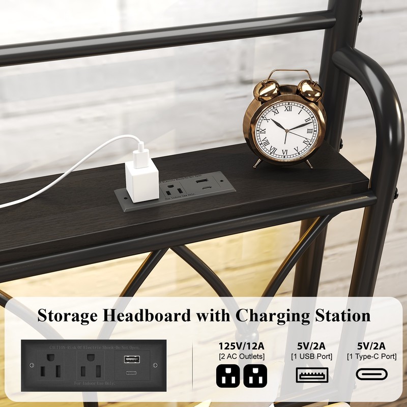 Queen Metal Bed Frame with Charging Station, Headboard storage space,LED Lights. gallery