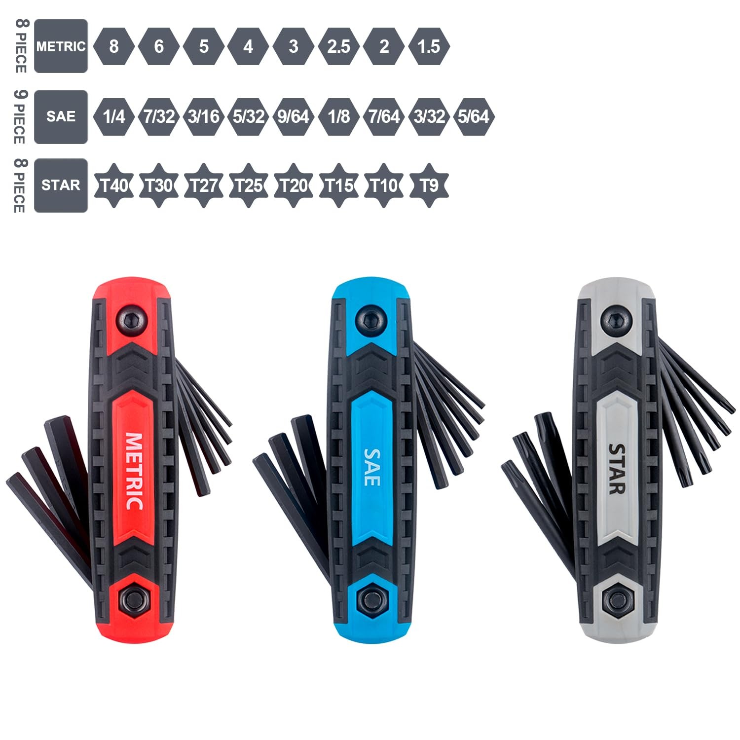 3 Pack 25-Piece Folding Hex Key Set, Metric, SAE, Star T9-T40, Cr-V Tool gallery