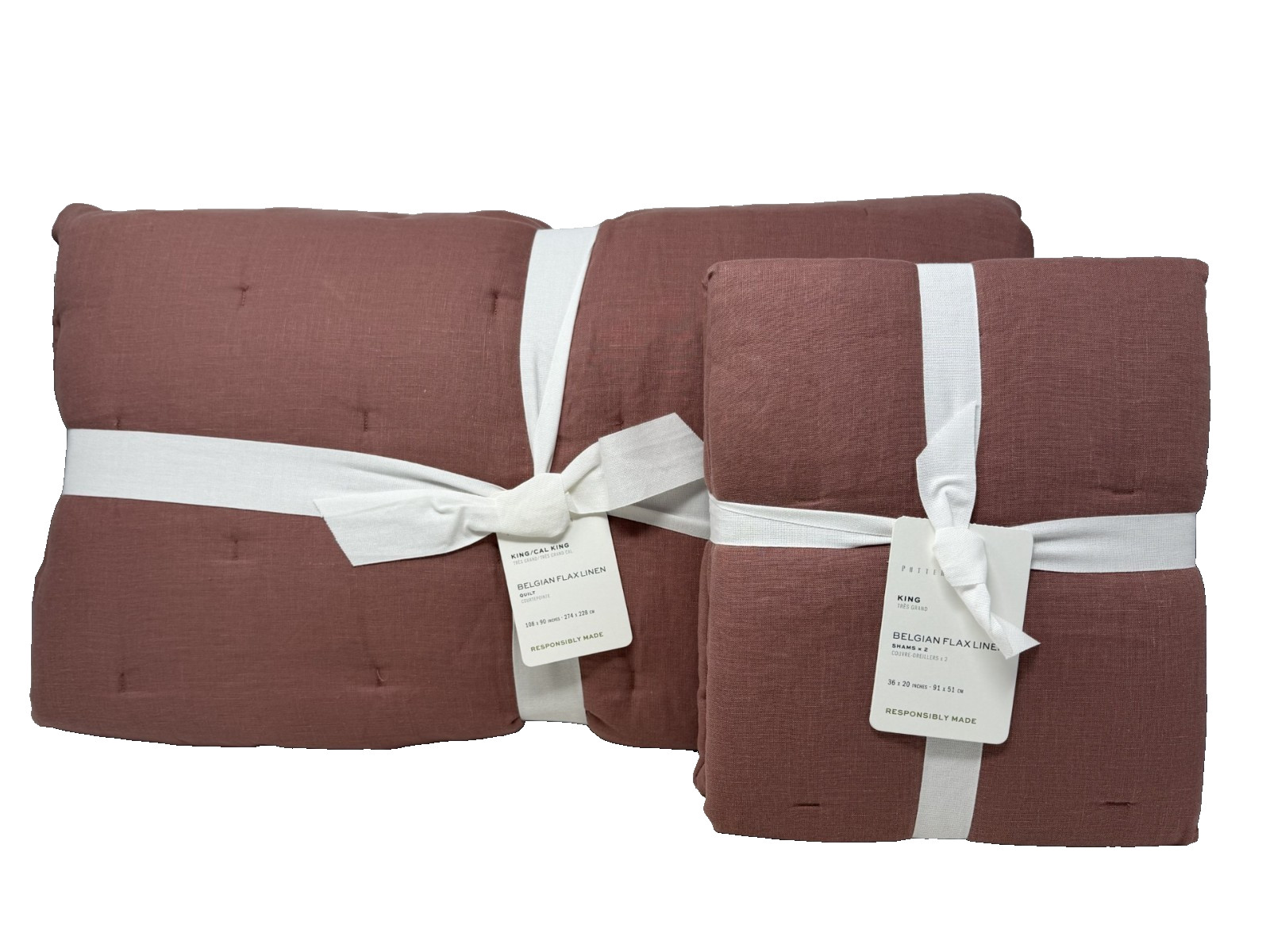 New Pottery Barn Belgain Flax Linen Tufted KING Quilt & 2 King Shams ~Rosewood~ gallery