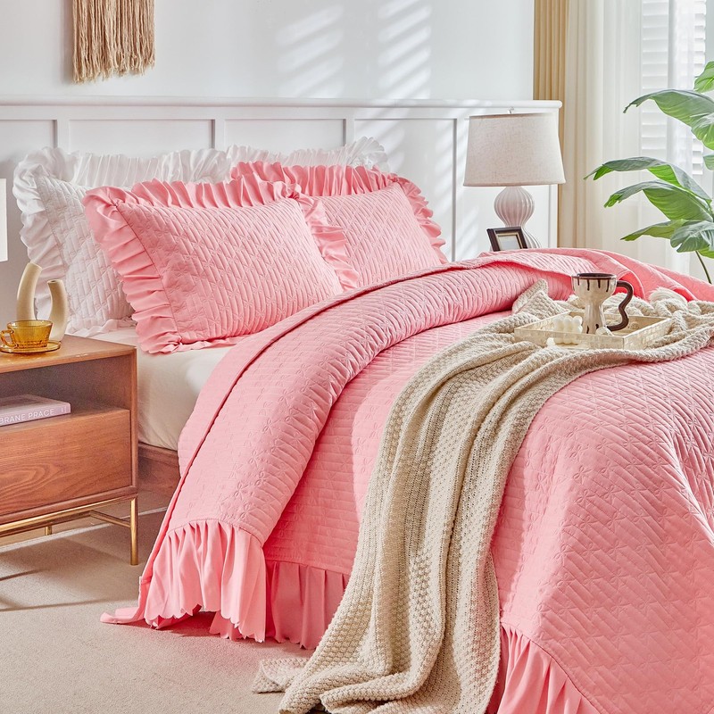Ruffled Quilt Bedding Set Queen Size 96 * 96in - 3 Pieces Solid Shabby Chic F... gallery