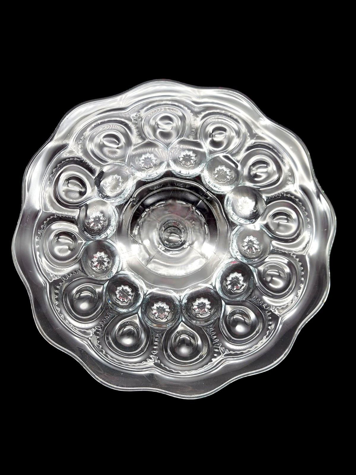 LE Smith Moon & Stars Cake Stand Clear Glass Scalloped Edge Vintage 4" Tall gallery