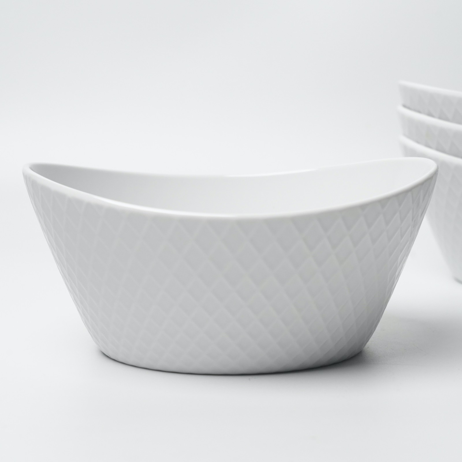 Over and Back White Porcelain Embossed Diamond Texture Oval Serving Bowl gallery