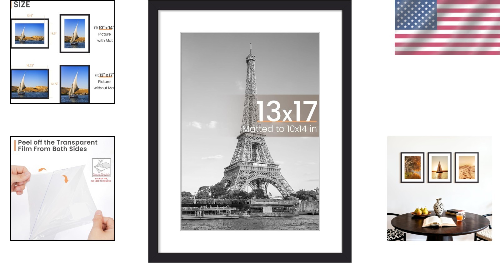 Classic Black Wall Hanging Picture Frame - Fits 10x14 with Mat or 13x17 gallery
