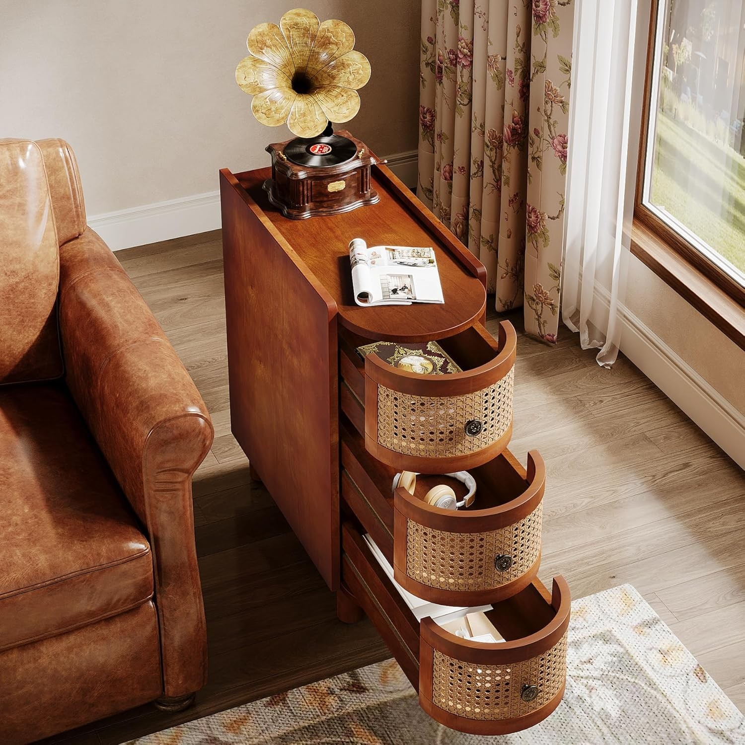 Solid Wood End Table, 3-Drawer Rattan Side Table Nightstand No Assembly Required gallery