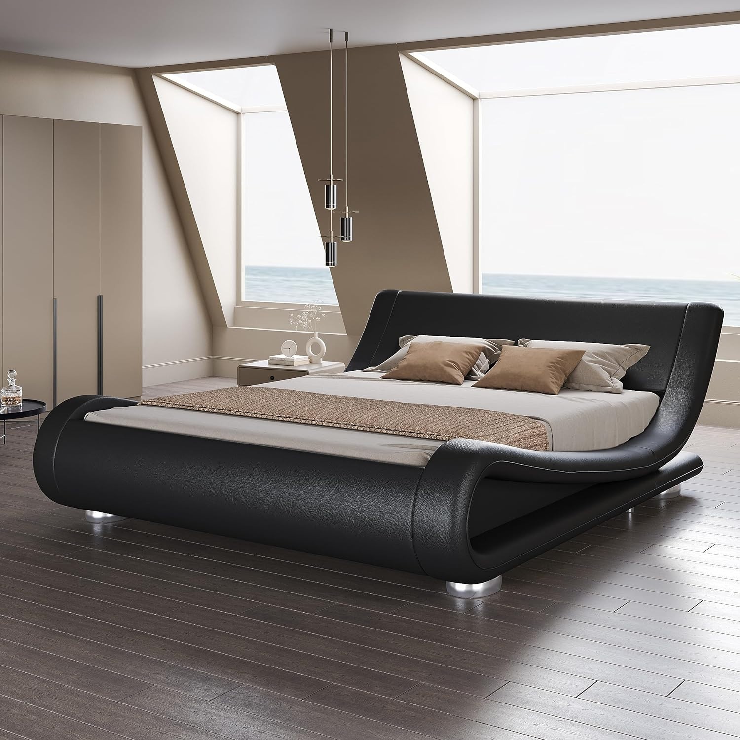 SHA CERLIN Queen Size Upholstered Bed Frame, Deluxe Low Profile Sleigh Bed with gallery