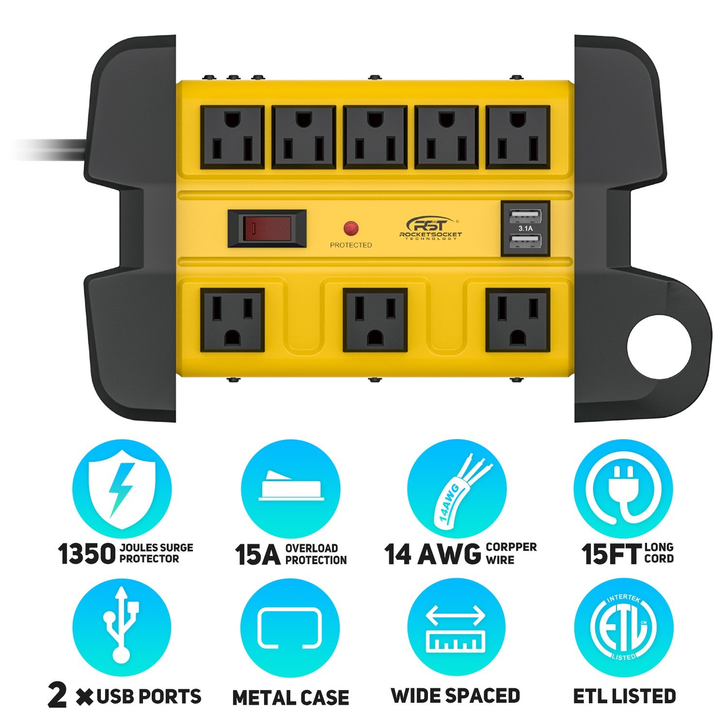 CRST 1875W Surge Protector Power Strip with Flat Plug and 2USB, 6FT ETL Listed gallery