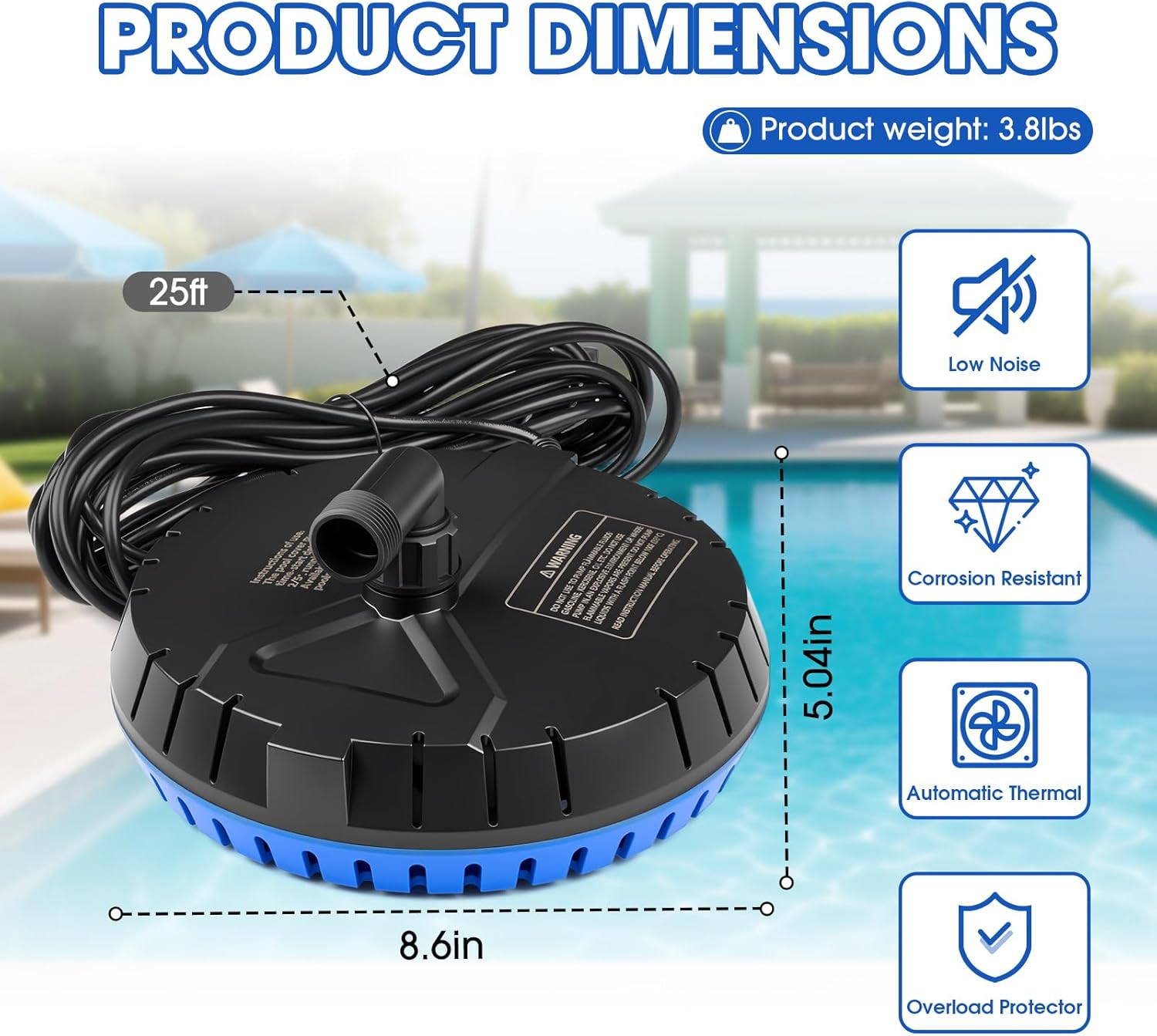 1500 GPH Automatic Pool Cover Pump with 25 Ft Cord & 2 Adapters - Blue gallery
