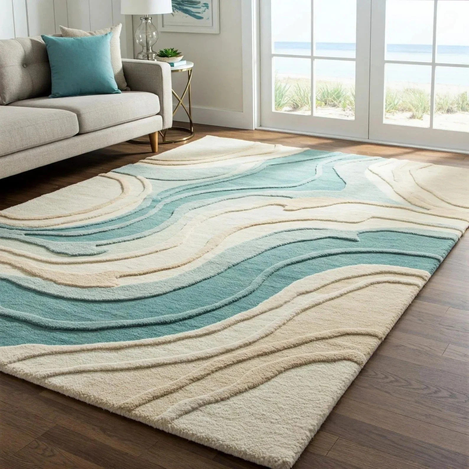 Coastal Modern Abstract Teal & Cream – Soft Tufted Ocean Wave Design Carpet Rug gallery