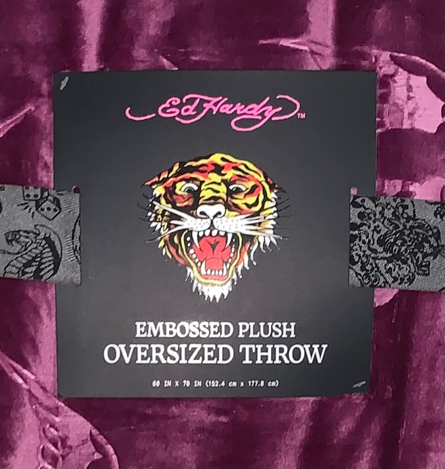 Ed Hardy Pinkish Purple Birds & Monograms Embossed Oversized Plush Throw Blanket gallery