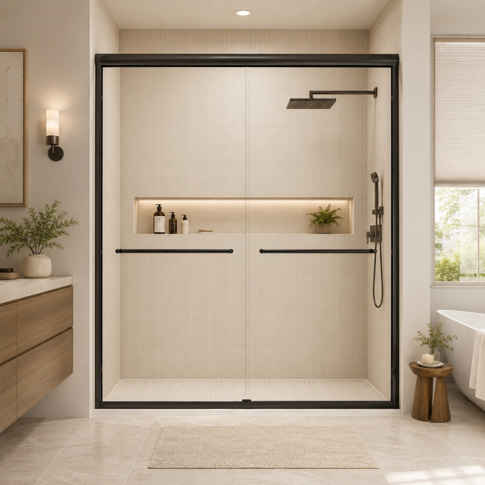 56-60" x 72" Double Sliding Shower Door, Clear Tempered Glass, Matte Black gallery
