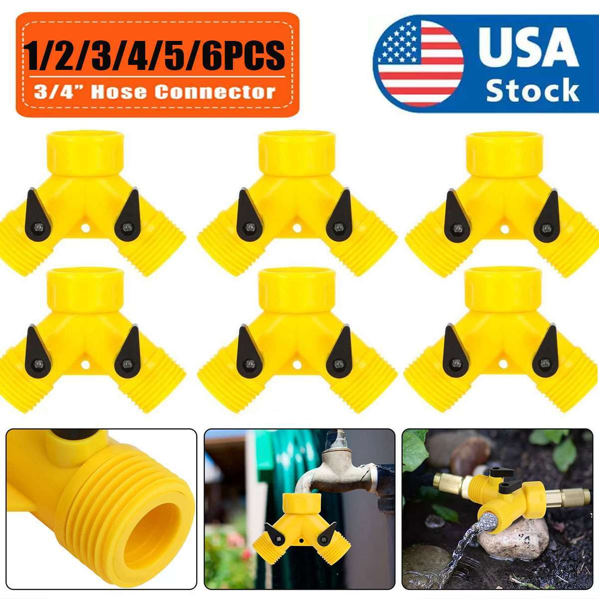 1-6PCS 3/4" Water Hose Splitter 2 Way Y Valve Female Connector Garden Hose USA gallery