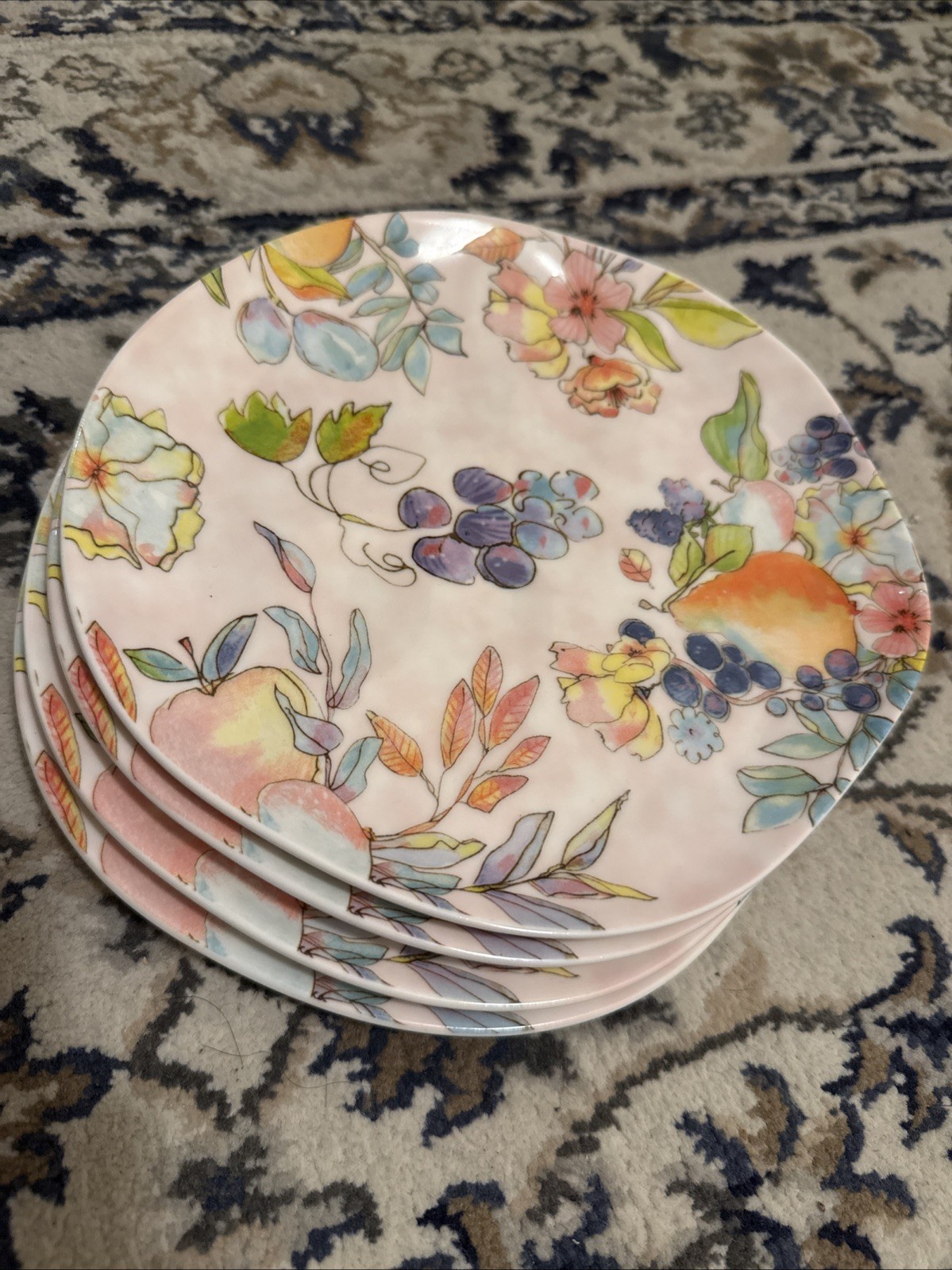 Set 6 Grace Teaware Colorful Floral Fruits Salad Plates 8" Pink Background New~ gallery