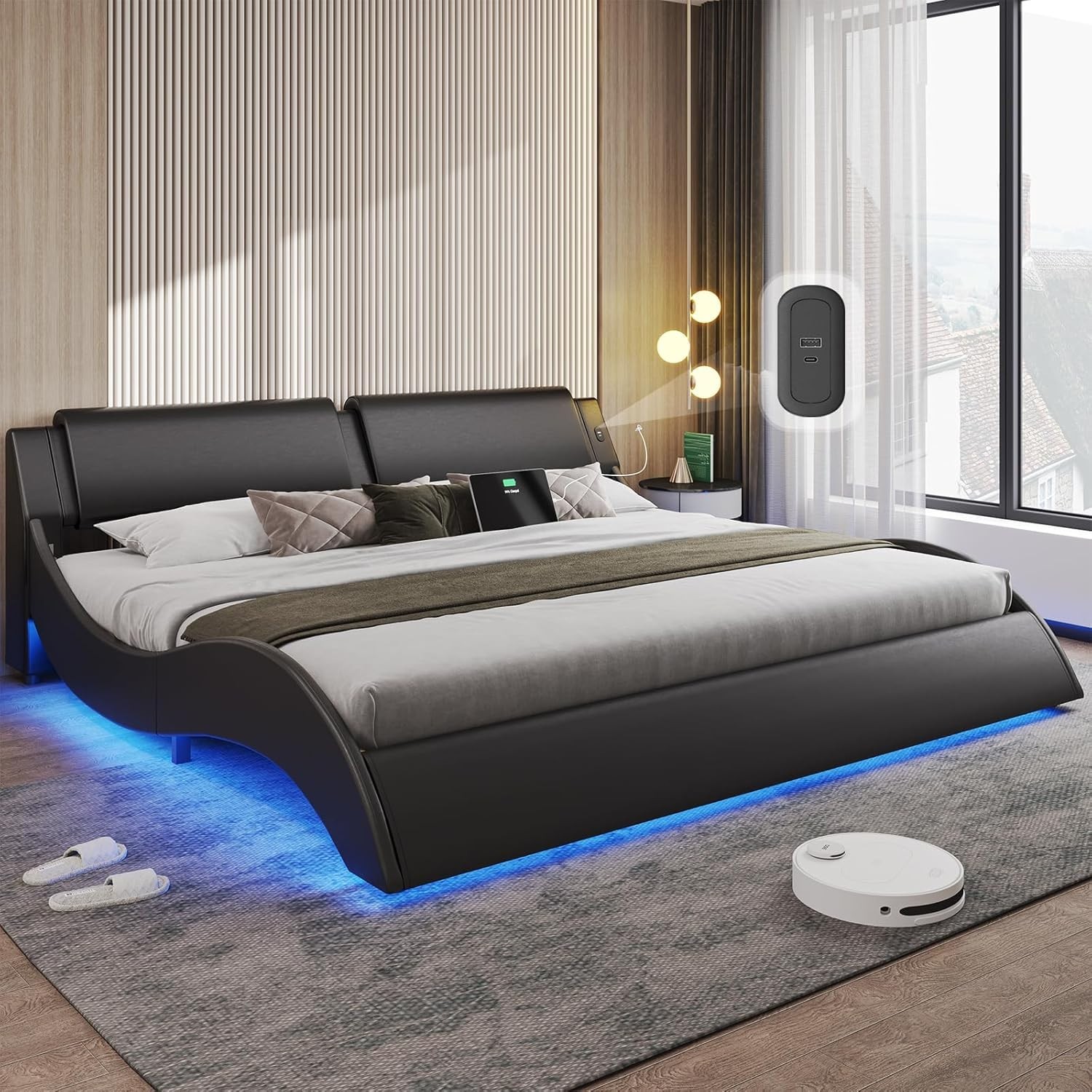 King Size Bed Frame with Headboard,Charging Station,Led Lights Upholstered Beds gallery