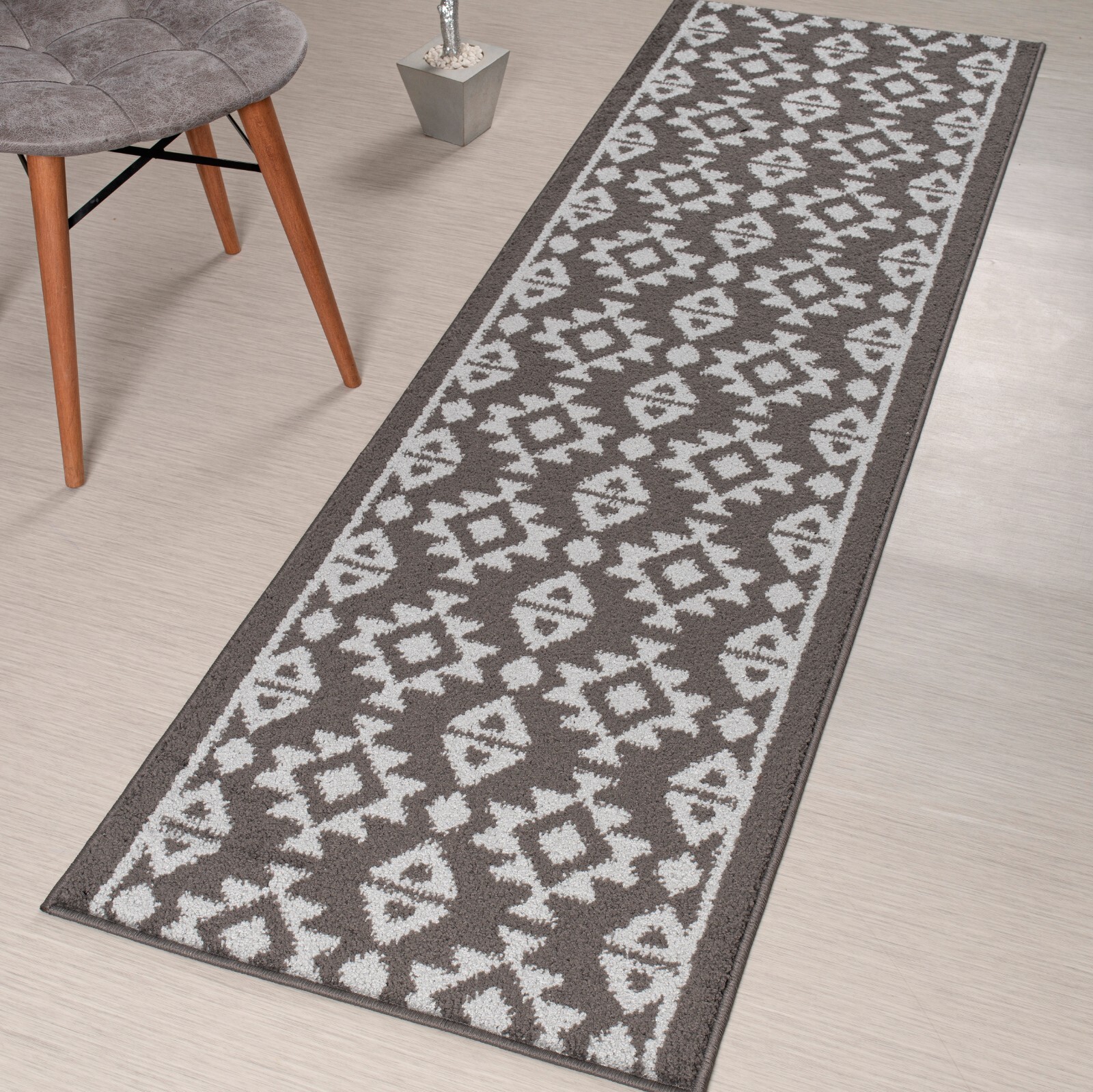 Custom Length Stair Hallway Runner Rug Non Slip Backing, Southwestern Grey gallery
