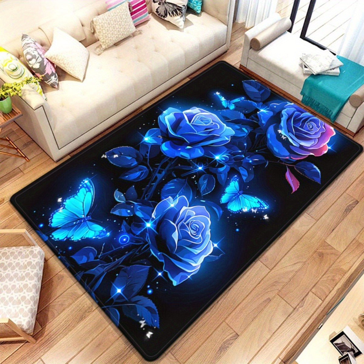 800g/m2 Blue Roses on Dark Background HD Printed Carpet,Kitchen Rugs,Yoga Mat,N gallery