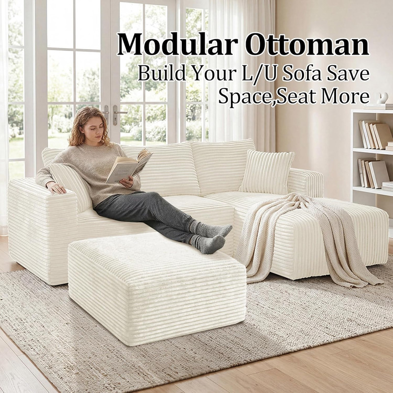 Beige Corduroy Ottoman - Modern Foam Foot Rest for Living Room & Bedroom gallery