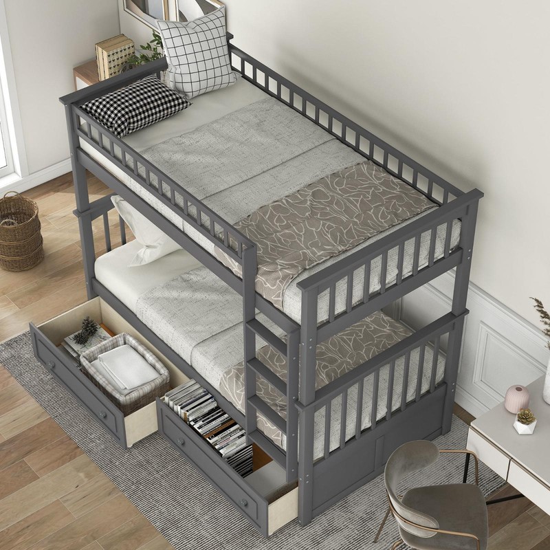 Classic Convertible Twin-Over-Twin Solid Wood Bunk Bed 2 Storage Drawers Ladder gallery