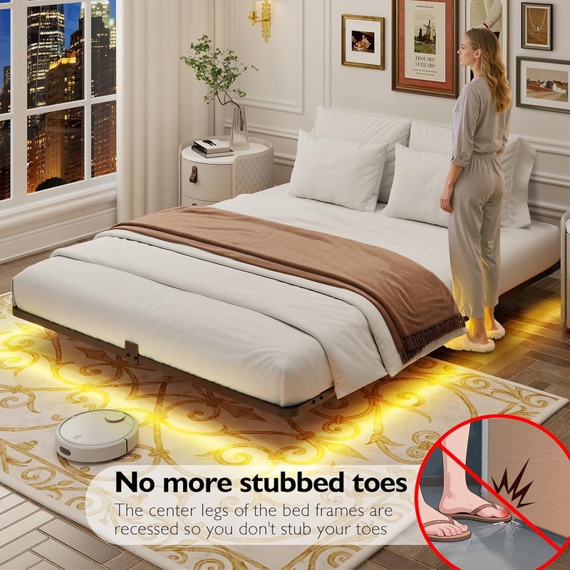 Floating Bed Frame Queen Size with LED Lights Metal Platform Bed No Box Spring N gallery