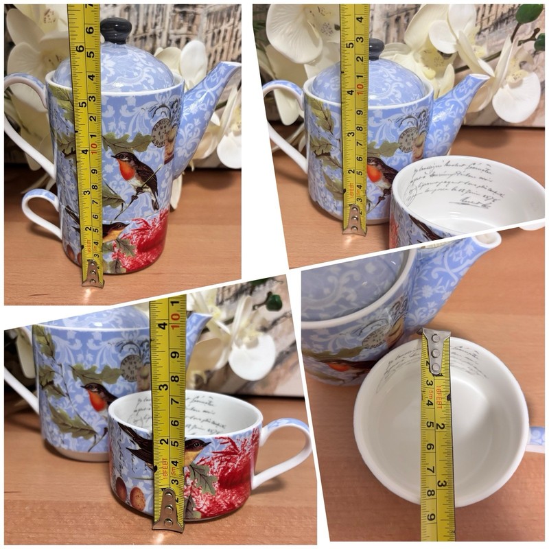 Ceramic Tea For One Teapot Set Classic Blue Birds Floral Design. Brand New. gallery