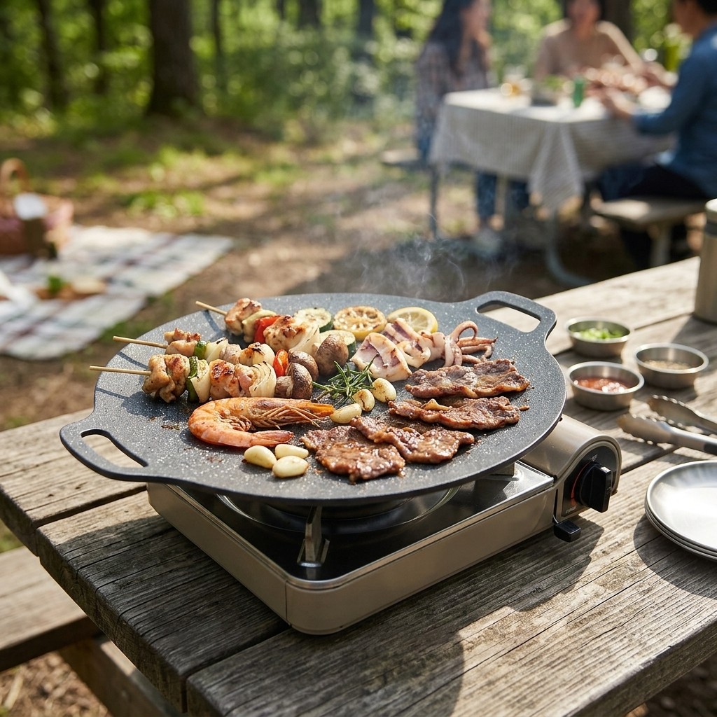 11 Inch Round Cast Iron Korean BBQ Griddle Pan Non-Stick with Handles gallery