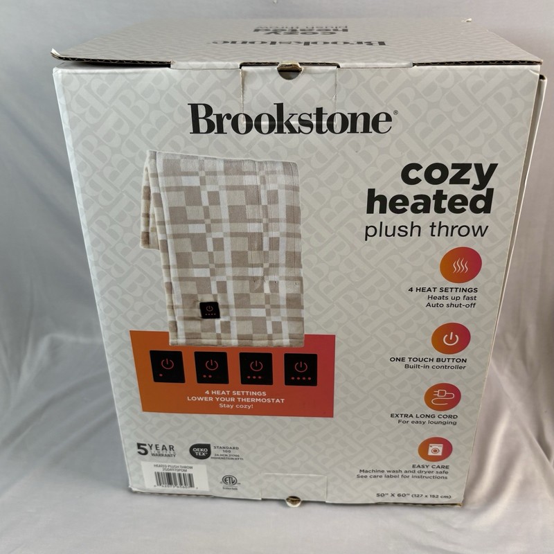 Brookstone Cozy Heated Plush Throw Blanket New In Box 50"x 60" Beige Brown Plaid gallery