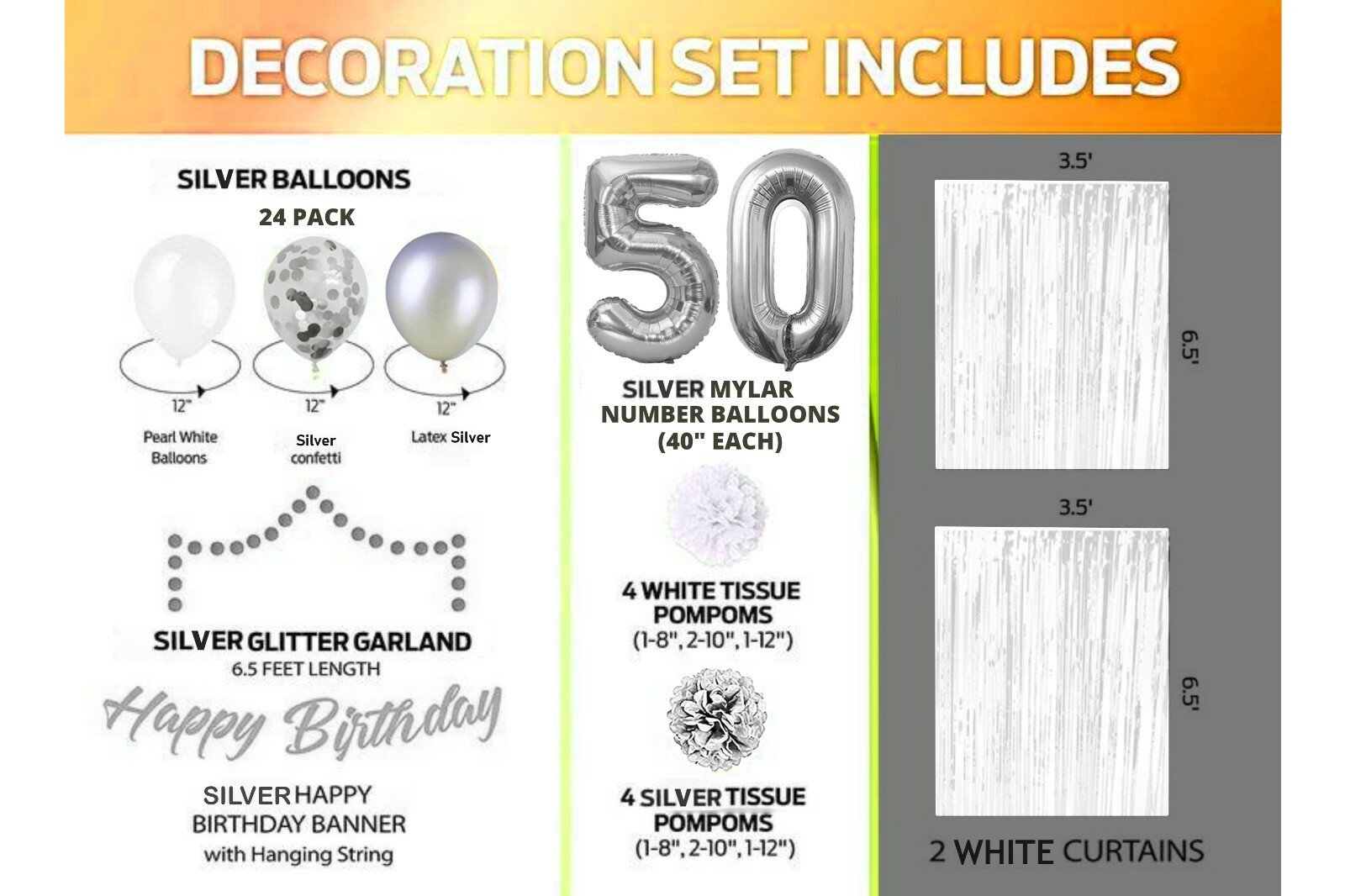 Silver & White 50th Birthday Decorations - 40" Number Balloons &More-Boy or Girl gallery