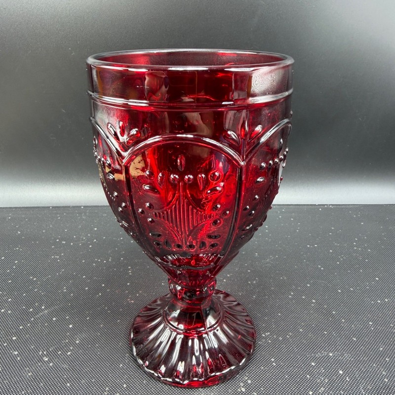 Fitz & Floyd Trestle Ruby Glass Goblets Embossed Medallion Teardrop Pattern Set2 gallery