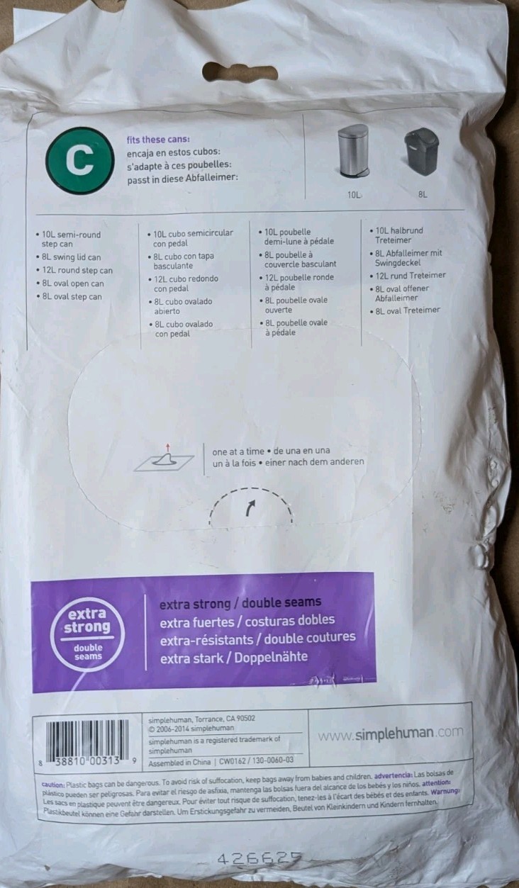 5PK! Simplehuman Trash Can Liners Code C 10-12 Liters/2.6-3.2 Gal -20 Count Each gallery