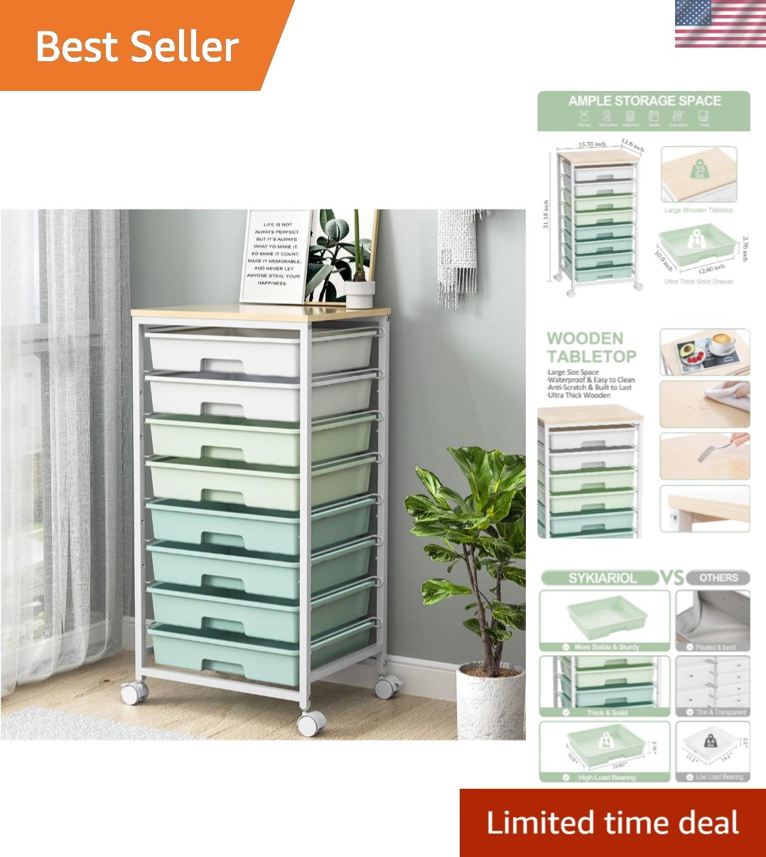 Rolling Storage Utility Cart Organizers with 8 Drawers and Wooden Tabletop fo... gallery