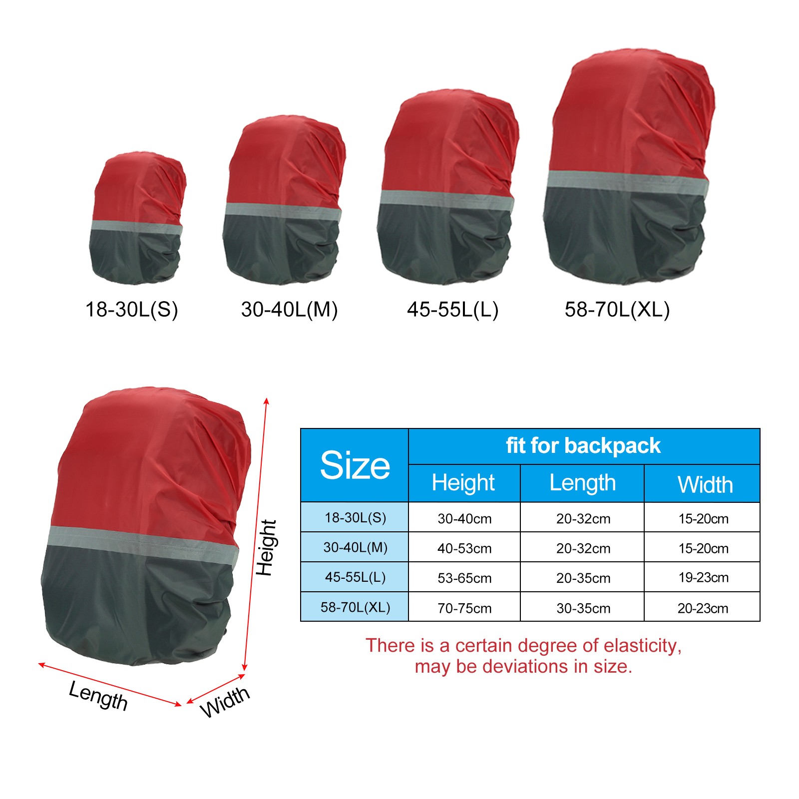 S Waterproof Backpack Rain Cover Adjustable Strap Reflective Strips Grey Red 2