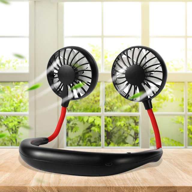 Portable USB Rechargeable Neckband Lazy Neck Hanging Dual Cooling Mini Fan USA gallery