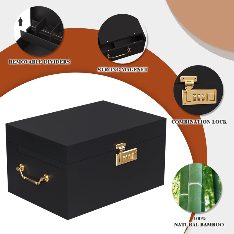 Lockable stash box with rolling tray – Premium bamboo Large, Black gallery