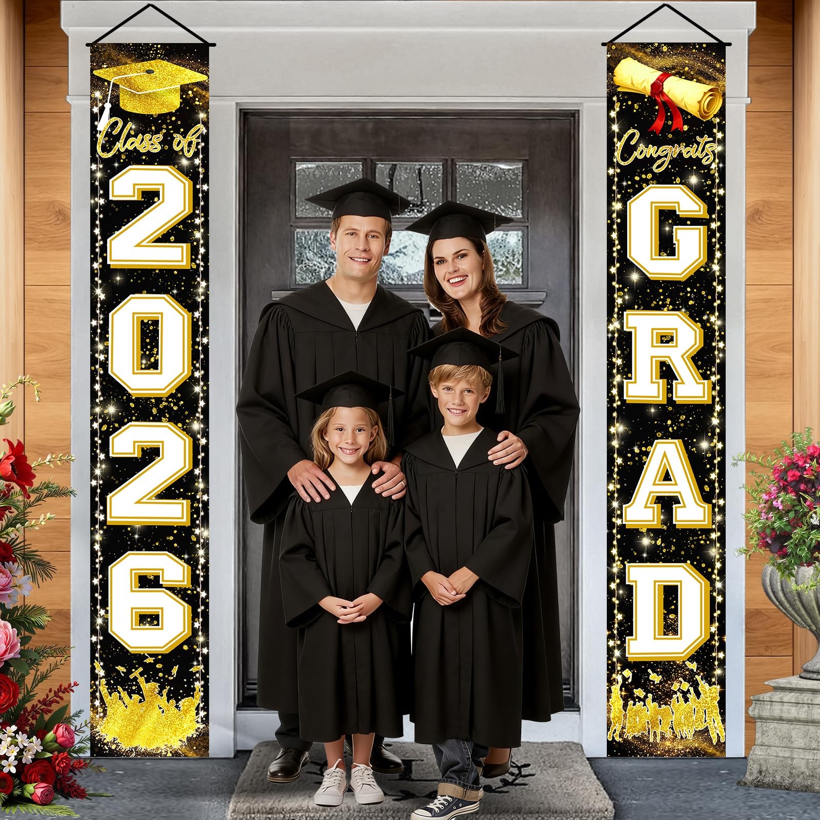 Black Gold Graduation Decorations Class of 2026 Congrats GRAD Porch Sign Bann... gallery