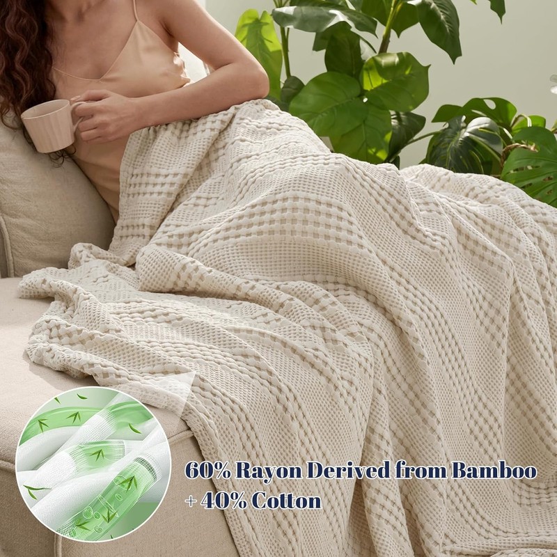 Cooling Waffle Blanket Queen Size, Lightweight 60% Rayon from Bamboo & 40% Co... gallery