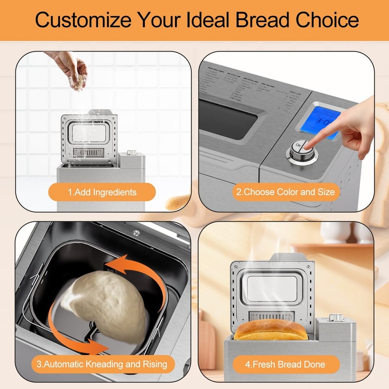 Bluebow 25-in-1 2LB Bread Machine with Auto Fruit/Nut Dispenser, Stainless Steel gallery