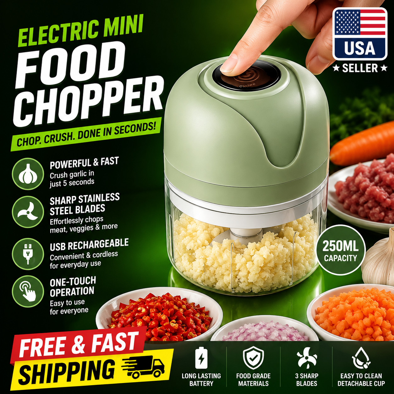 Electric Mini Food Chopper 250ml USB Meat Grinder Garlic Vegetable Crusher USA gallery