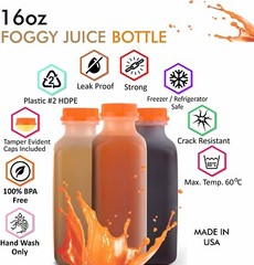 150 Pack Empty Translucent Plastic Juice Bottles with Tamper Evident Caps 16 Oz.