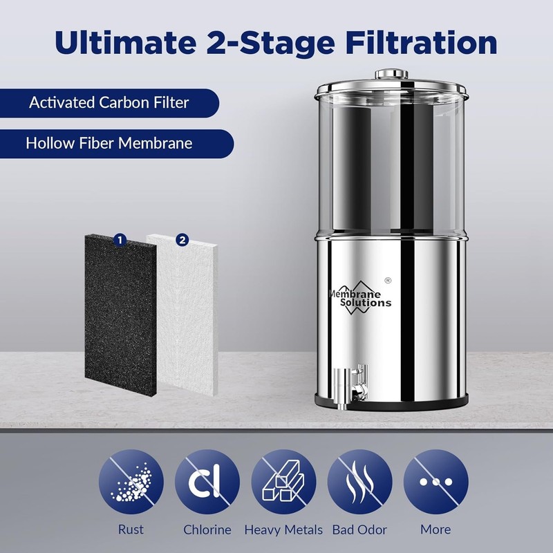 Gravity-fed Water Filter System, with 3 Filters, 2.25G Stainless-Steel gallery
