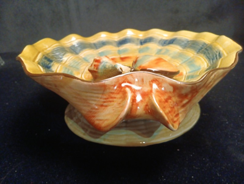 French Majolica Pottery Shell Oyster Footed Bowl Art Nouveau 10" Coastal Vintage gallery
