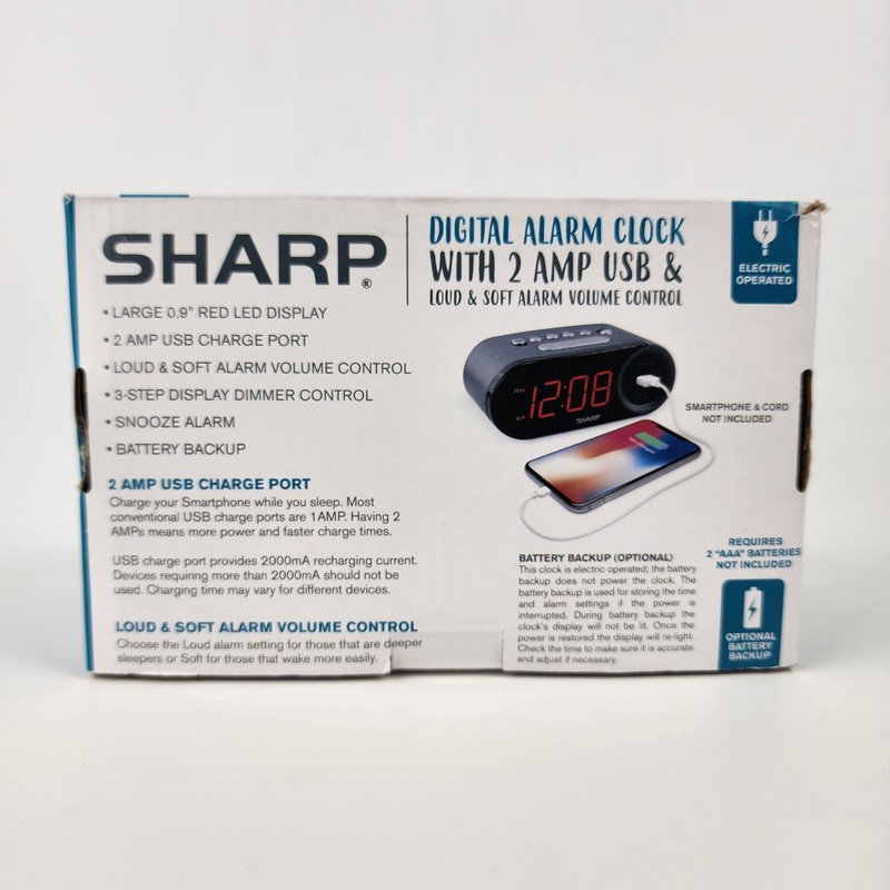 Sharp SPC547 Digital Alarm Clock w/ 2A USB Charger, Red LED, Dimmer, Snooze gallery