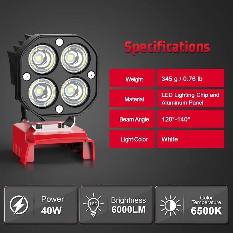 6000LM Work Light Compatible with Milwaukee 18V Battery, Portable 40W LED Light gallery