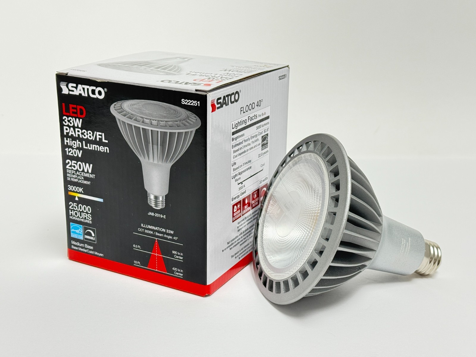 Satco S22251 LED 33W Par38/FL High Lumen Light Bulb 120V 3000K Medium Base E26 gallery